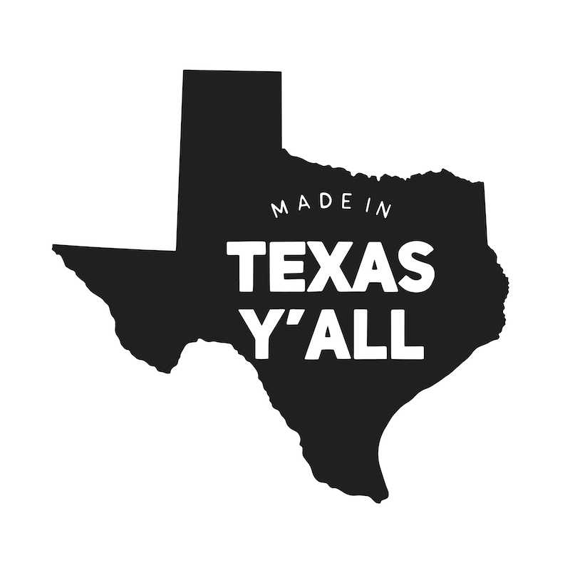 made in texas, typography in white letters on black silhouette of that state