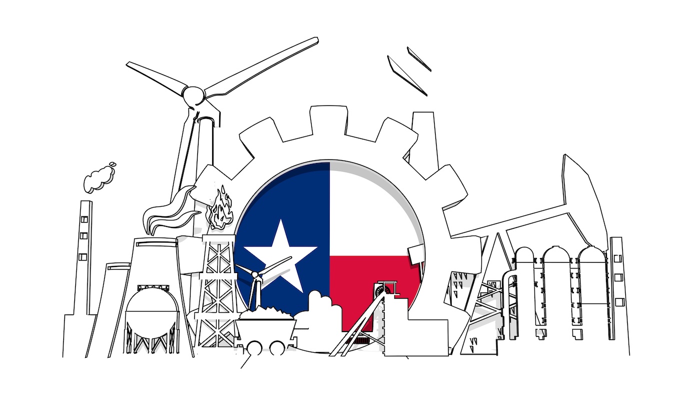 Energy and power industrial concept. Gear with flag of the Texas. Energy generation and heavy industry. 3D rendering. Thin line style