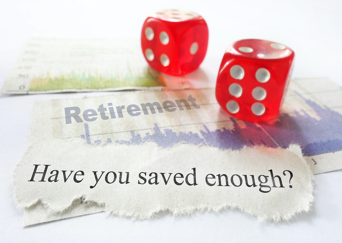 Retirement savings questions with dice and stock market graphs